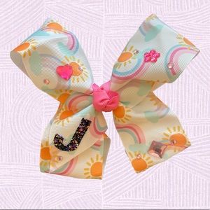 🌈 Handcrafted 5 inch hair bow with glitter letter “J” 💝